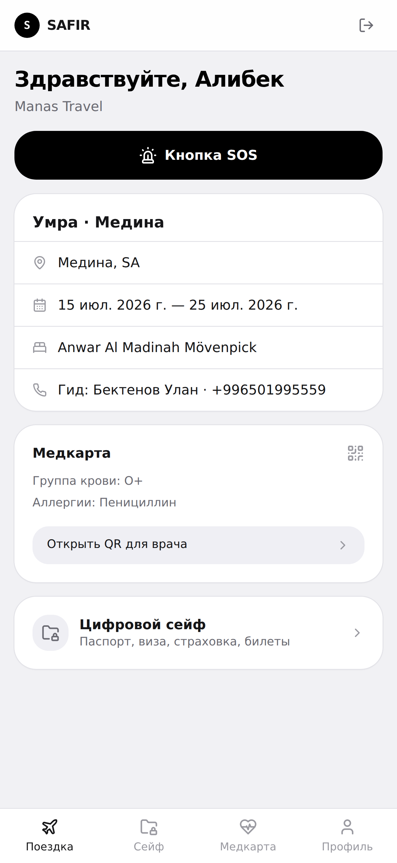 Приложение SAFIR — экран паломника